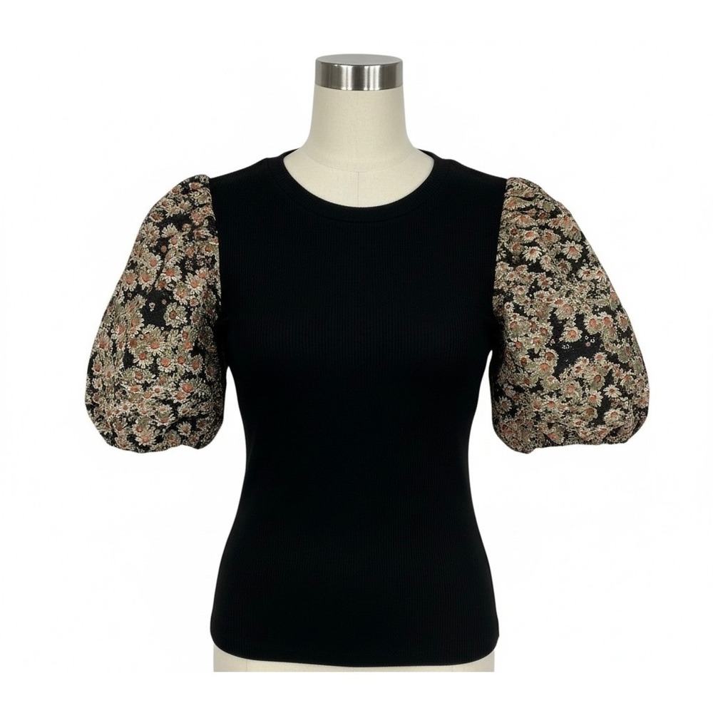 Extro Floral Puff Sleeve Ribbed Knit Top Black Small T20988‎